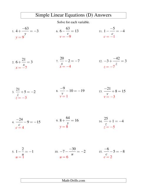The Solving Linear Equations (Including Negative Values) -- Form a/x ± b = c (D) Math Worksheet Page 2