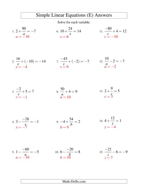 The Solving Linear Equations (Including Negative Values) -- Form a/x ± b = c (E) Math Worksheet Page 2