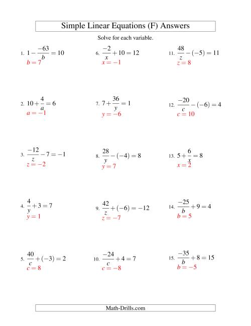 The Solving Linear Equations (Including Negative Values) -- Form a/x ± b = c (F) Math Worksheet Page 2
