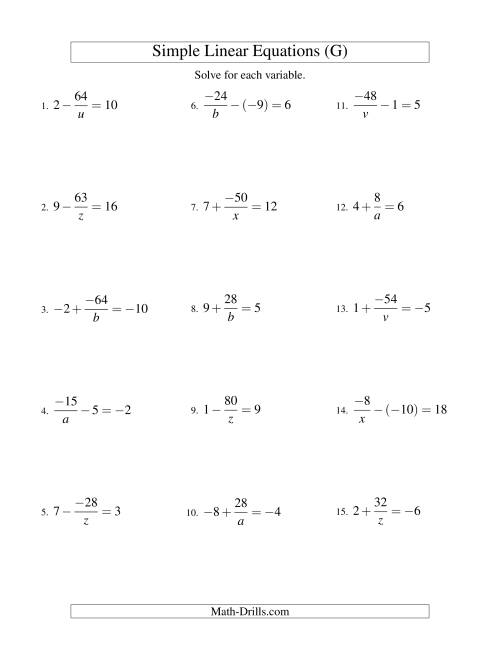 The Solving Linear Equations (Including Negative Values) -- Form a/x ± b = c (G) Math Worksheet