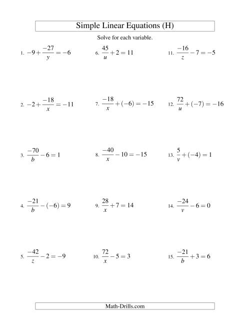 The Solving Linear Equations (Including Negative Values) -- Form a/x ± b = c (H) Math Worksheet