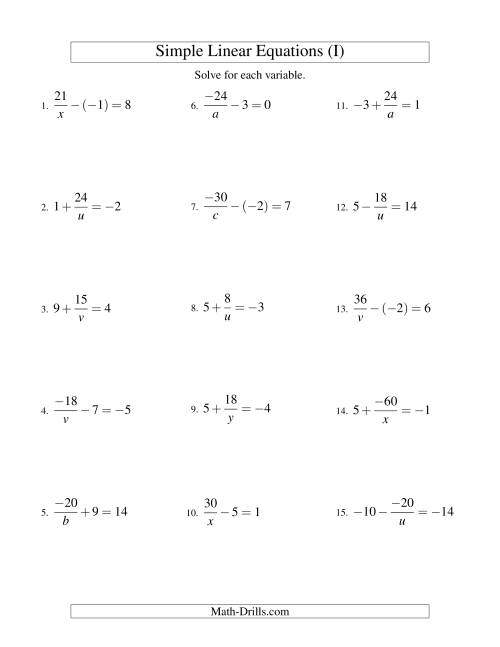The Solving Linear Equations (Including Negative Values) -- Form a/x ± b = c (I) Math Worksheet