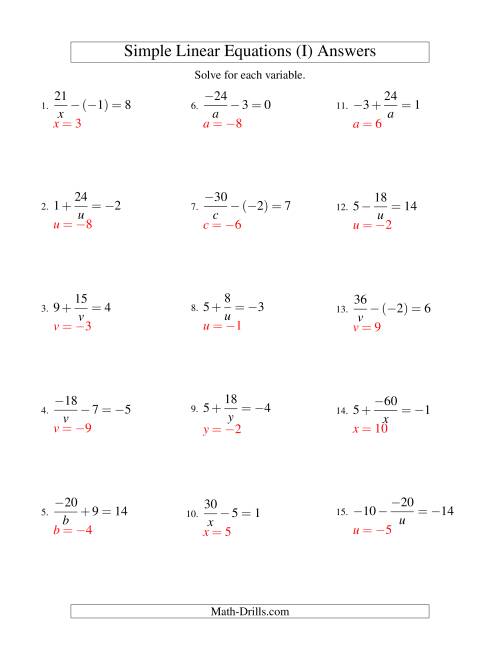 The Solving Linear Equations (Including Negative Values) -- Form a/x ± b = c (I) Math Worksheet Page 2