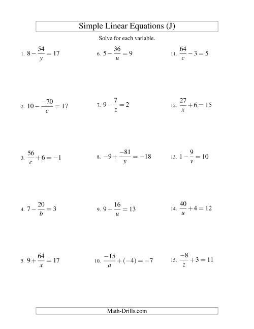 The Solving Linear Equations (Including Negative Values) -- Form a/x ± b = c (J) Math Worksheet