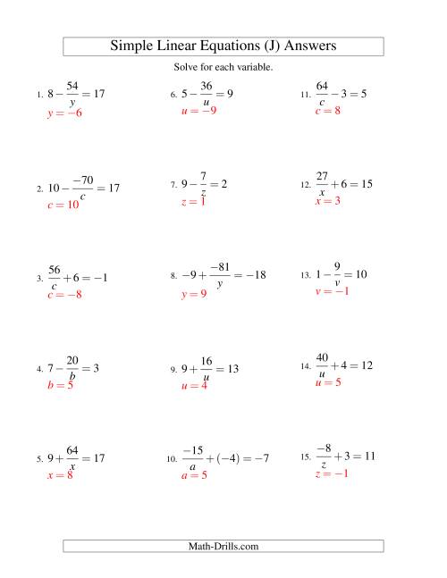 The Solving Linear Equations (Including Negative Values) -- Form a/x ± b = c (J) Math Worksheet Page 2