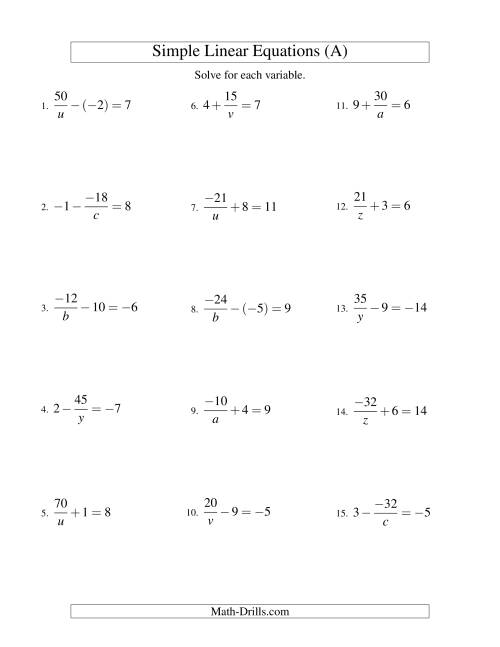 The Solving Linear Equations (Including Negative Values) -- Form a/x ± b = c (All) Math Worksheet
