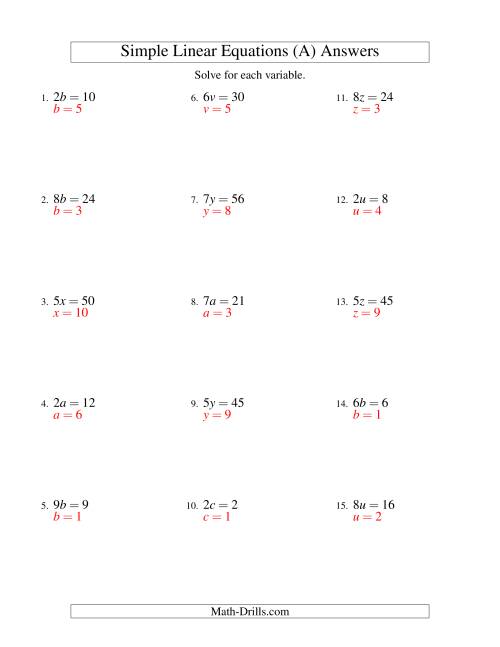 The Solving Linear Equations -- Form ax = c (A) Math Worksheet Page 2