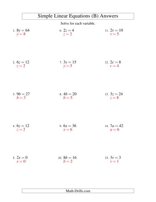 The Solving Linear Equations -- Form ax = c (B) Math Worksheet Page 2