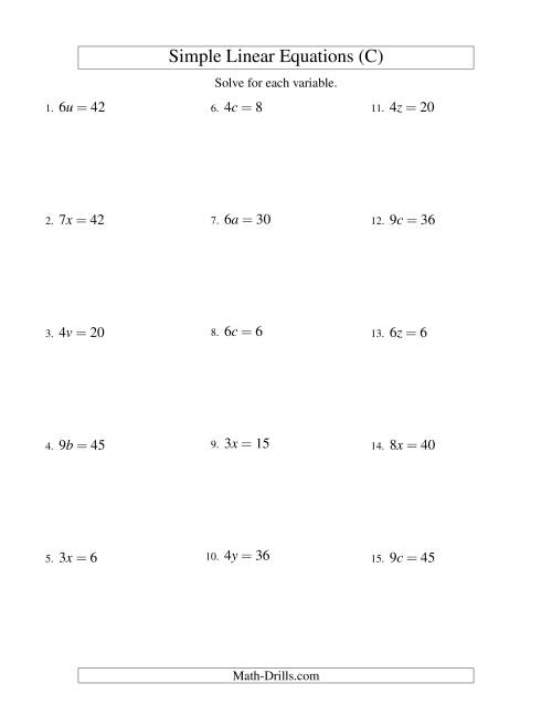 The Solving Linear Equations -- Form ax = c (C) Math Worksheet