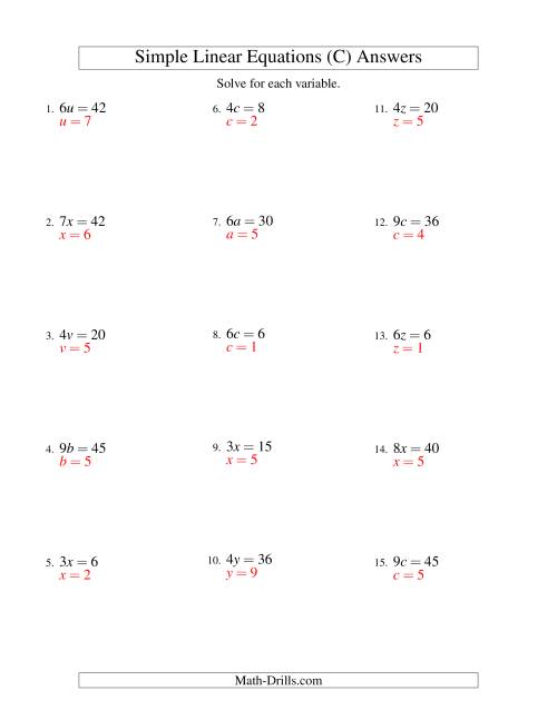 The Solving Linear Equations -- Form ax = c (C) Math Worksheet Page 2