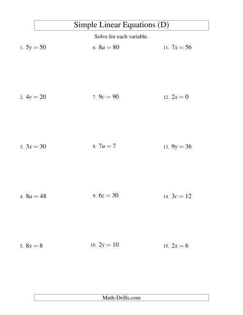 The Solving Linear Equations -- Form ax = c (D) Math Worksheet