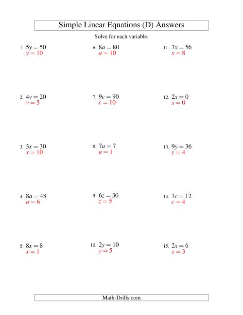 The Solving Linear Equations -- Form ax = c (D) Math Worksheet Page 2