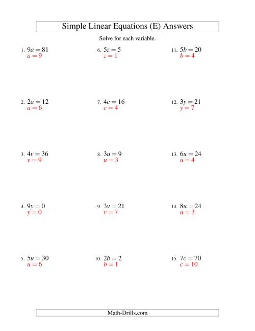 The Solving Linear Equations -- Form ax = c (E) Math Worksheet Page 2