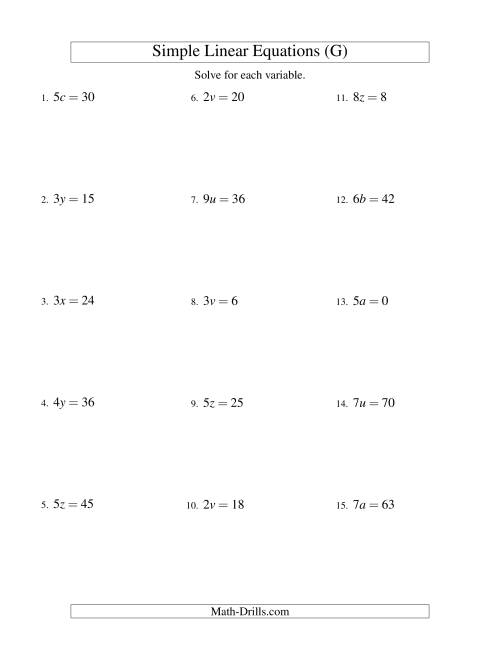 The Solving Linear Equations -- Form ax = c (G) Math Worksheet