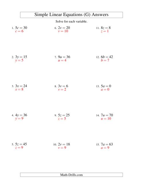 The Solving Linear Equations -- Form ax = c (G) Math Worksheet Page 2