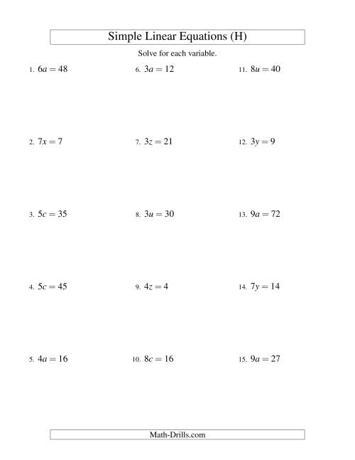 The Solving Linear Equations -- Form ax = c (H) Math Worksheet