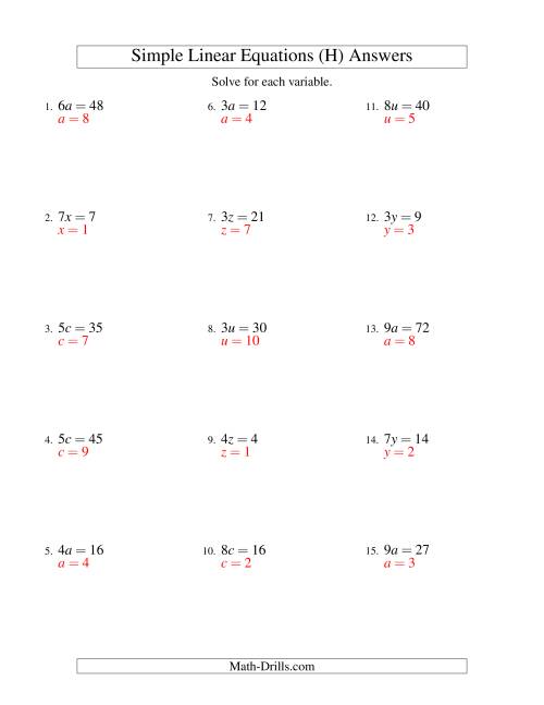 The Solving Linear Equations -- Form ax = c (H) Math Worksheet Page 2