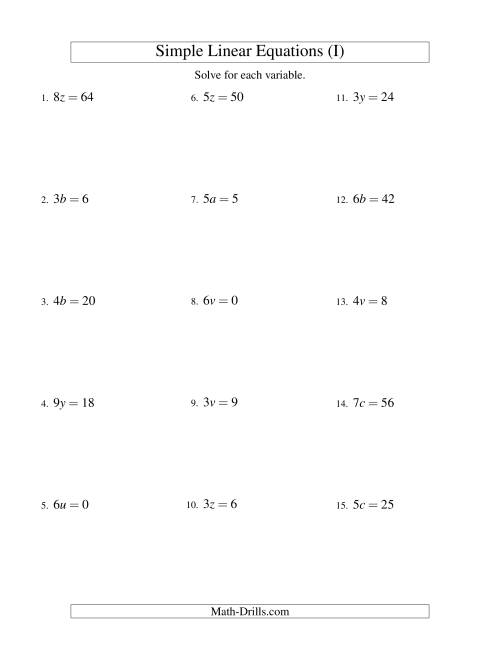 The Solving Linear Equations -- Form ax = c (I) Math Worksheet