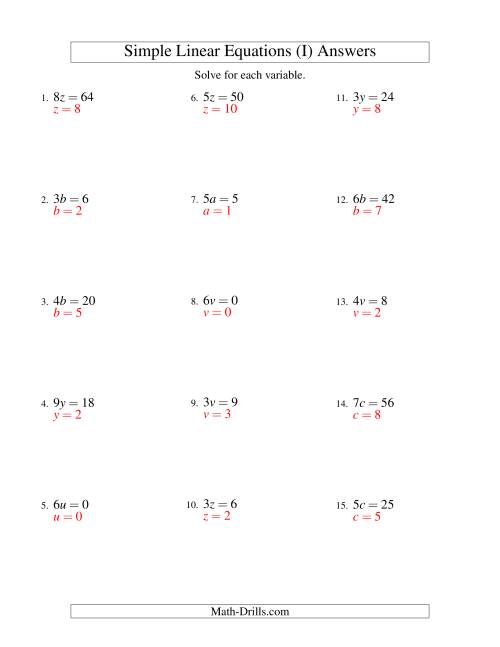 The Solving Linear Equations -- Form ax = c (I) Math Worksheet Page 2
