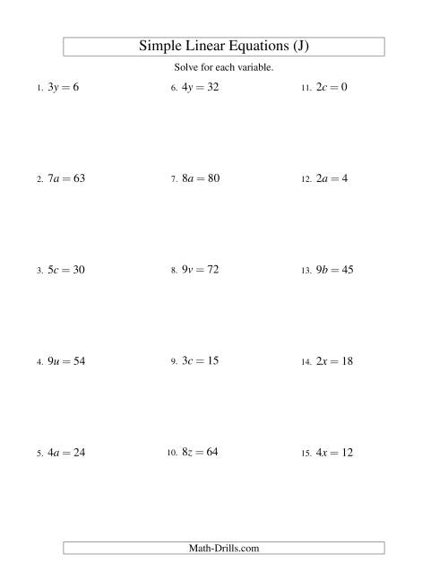 The Solving Linear Equations -- Form ax = c (J) Math Worksheet