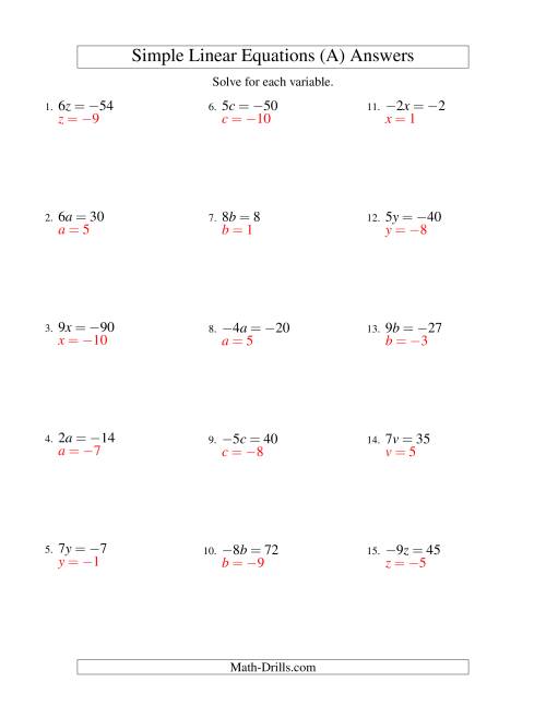 The Solving Linear Equations (Including Negative Values) -- Form ax = c (A) Math Worksheet Page 2