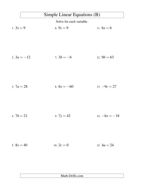 The Solving Linear Equations (Including Negative Values) -- Form ax = c (B) Math Worksheet