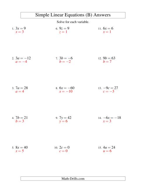 The Solving Linear Equations (Including Negative Values) -- Form ax = c (B) Math Worksheet Page 2