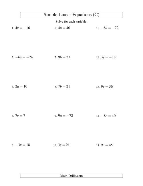 The Solving Linear Equations (Including Negative Values) -- Form ax = c (C) Math Worksheet