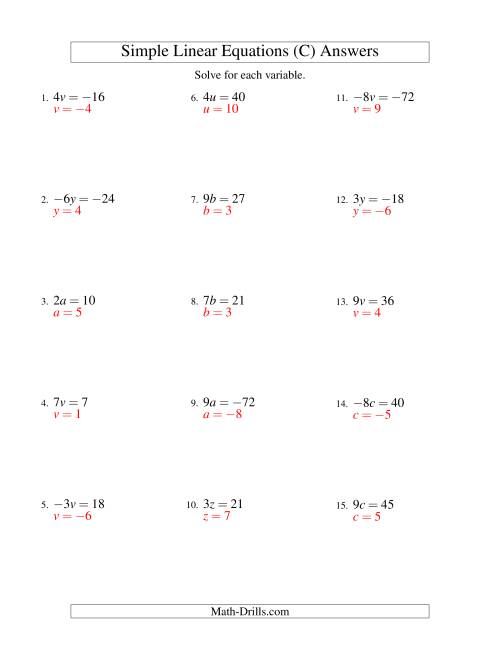 The Solving Linear Equations (Including Negative Values) -- Form ax = c (C) Math Worksheet Page 2