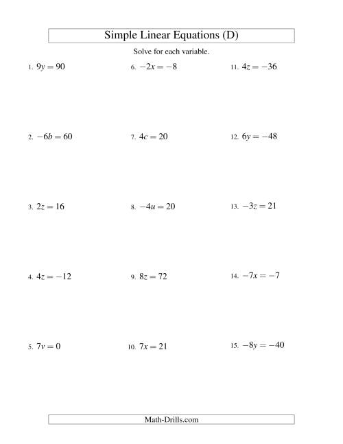 The Solving Linear Equations (Including Negative Values) -- Form ax = c (D) Math Worksheet