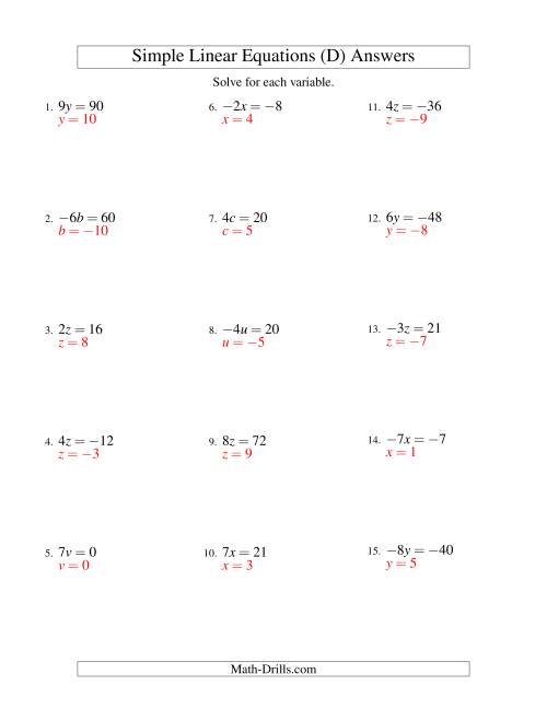 The Solving Linear Equations (Including Negative Values) -- Form ax = c (D) Math Worksheet Page 2