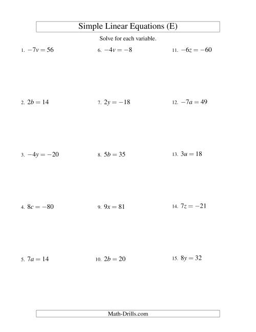 The Solving Linear Equations (Including Negative Values) -- Form ax = c (E) Math Worksheet