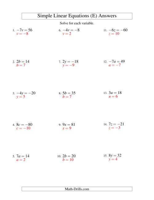 The Solving Linear Equations (Including Negative Values) -- Form ax = c (E) Math Worksheet Page 2
