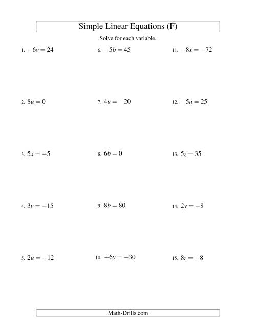 The Solving Linear Equations (Including Negative Values) -- Form ax = c (F) Math Worksheet