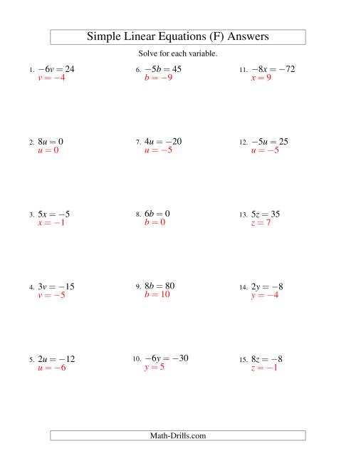 The Solving Linear Equations (Including Negative Values) -- Form ax = c (F) Math Worksheet Page 2