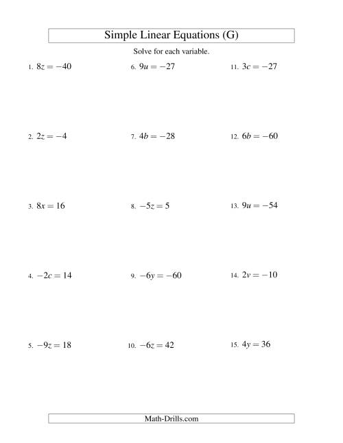 The Solving Linear Equations (Including Negative Values) -- Form ax = c (G) Math Worksheet