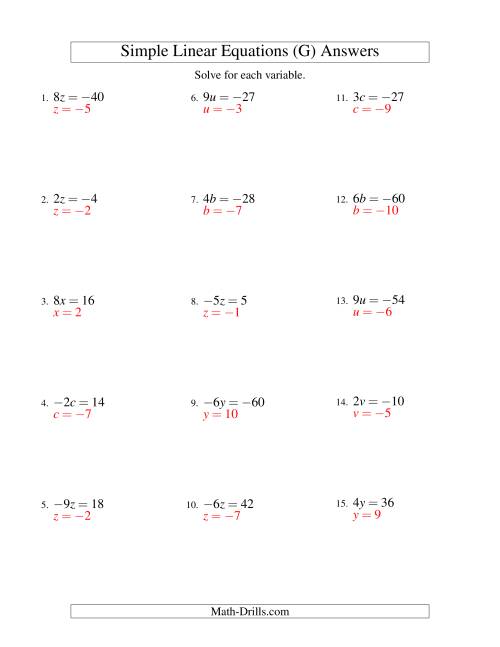 The Solving Linear Equations (Including Negative Values) -- Form ax = c (G) Math Worksheet Page 2