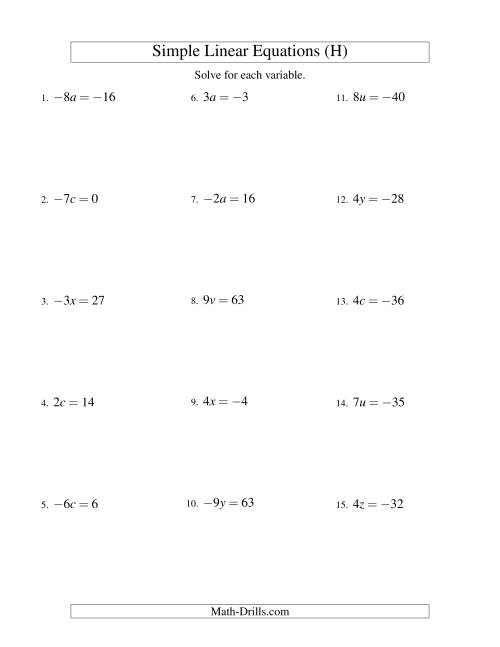 The Solving Linear Equations (Including Negative Values) -- Form ax = c (H) Math Worksheet