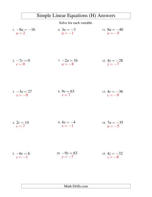 The Solving Linear Equations (Including Negative Values) -- Form ax = c (H) Math Worksheet Page 2