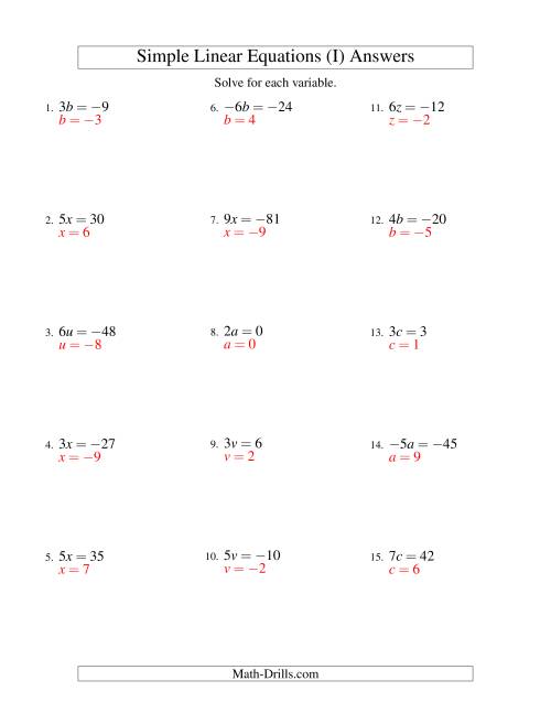 The Solving Linear Equations (Including Negative Values) -- Form ax = c (I) Math Worksheet Page 2