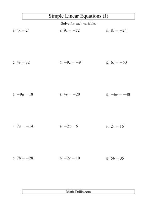The Solving Linear Equations (Including Negative Values) -- Form ax = c (J) Math Worksheet