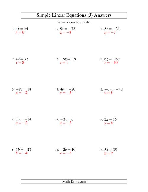 The Solving Linear Equations (Including Negative Values) -- Form ax = c (J) Math Worksheet Page 2