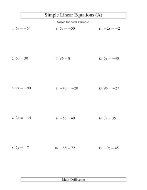 The Solving Linear Equations (Including Negative Values) -- Form ax = c (All) Math Worksheet