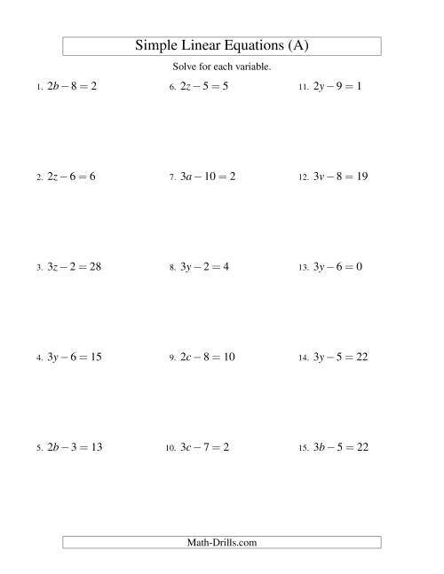 The Solving Linear Equations -- Form ax - b = c (A) Math Worksheet