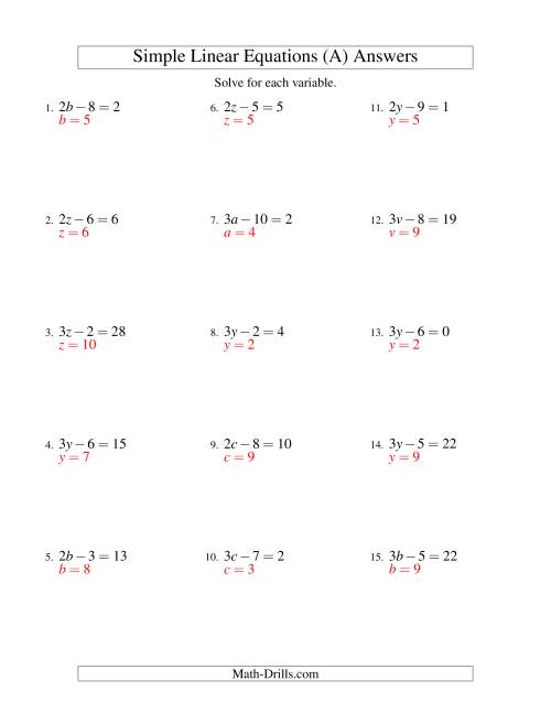 The Solving Linear Equations -- Form ax - b = c (A) Math Worksheet Page 2