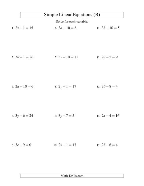 The Solving Linear Equations -- Form ax - b = c (B) Math Worksheet