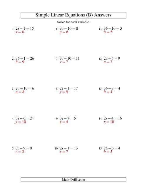 The Solving Linear Equations -- Form ax - b = c (B) Math Worksheet Page 2