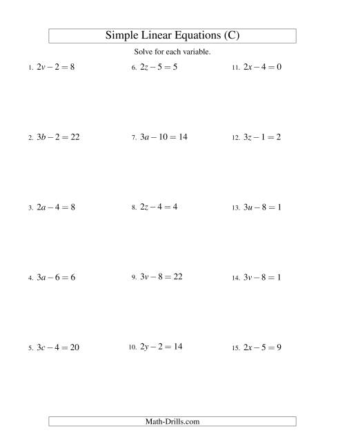The Solving Linear Equations -- Form ax - b = c (C) Math Worksheet