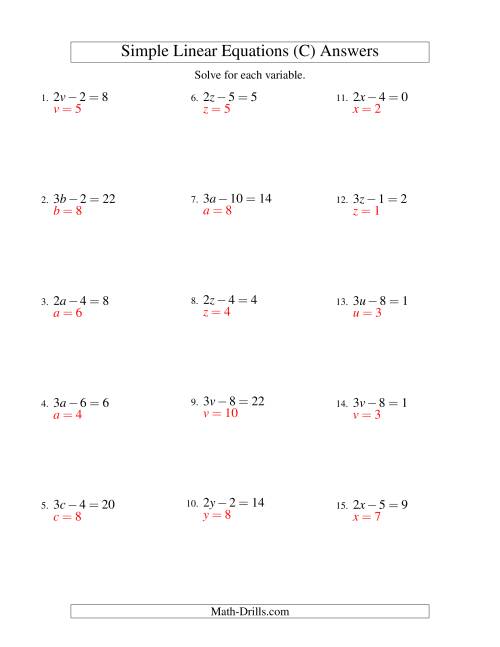The Solving Linear Equations -- Form ax - b = c (C) Math Worksheet Page 2