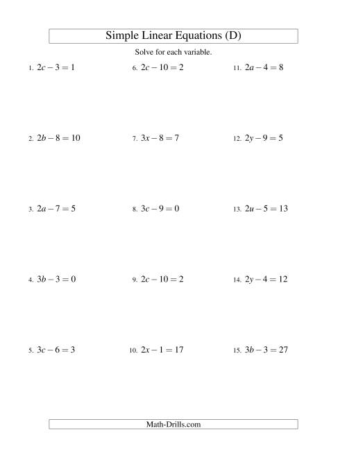 The Solving Linear Equations -- Form ax - b = c (D) Math Worksheet